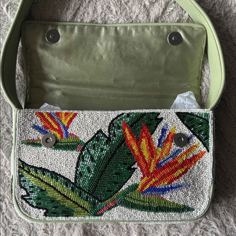 STAUD White Beaded Shoulder Bag with Green Leaves and Orange Floral Accents - Picture 8 of 9
